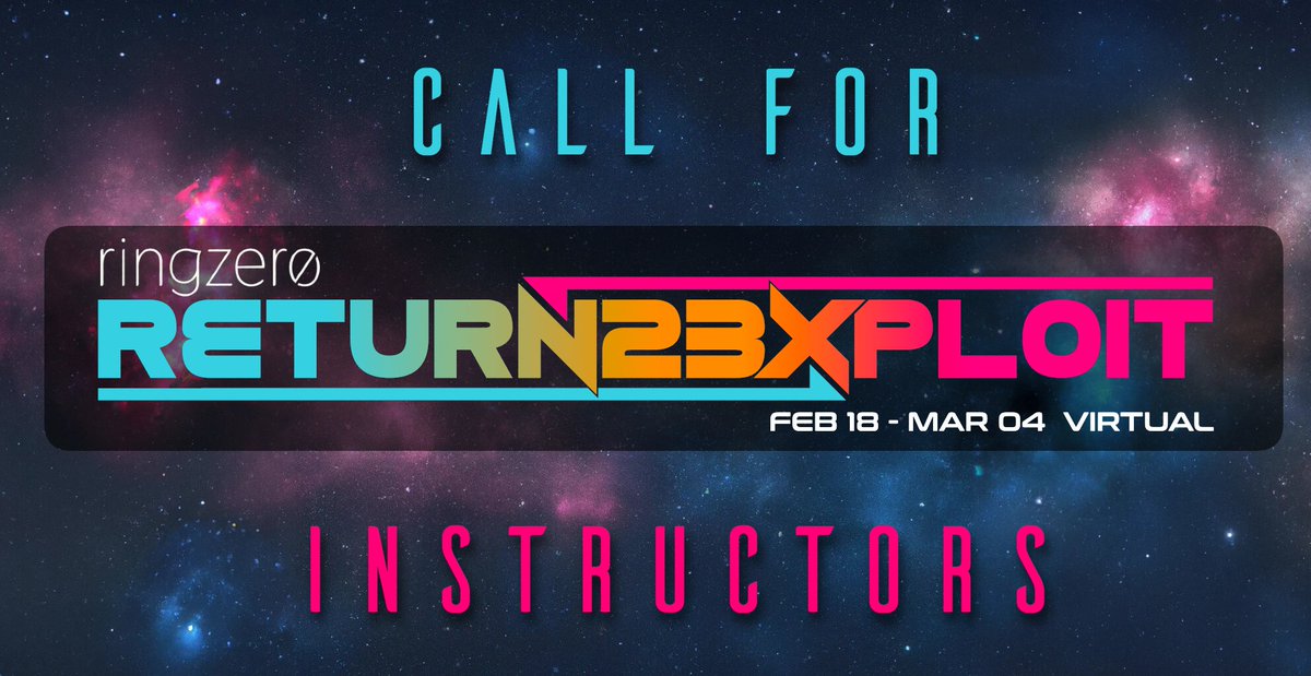 _ringzer0's tweet photo. 🪣 Time to get your bucket list going! How about signing up as an #instructor for Ringzer0 #RETURN23XPLOIT? Our #CallForInstructors is officially open. Submit your application now!
📝 https://t.co/KeP3EB6uAd https://t.co/UbkTq5l3Lq