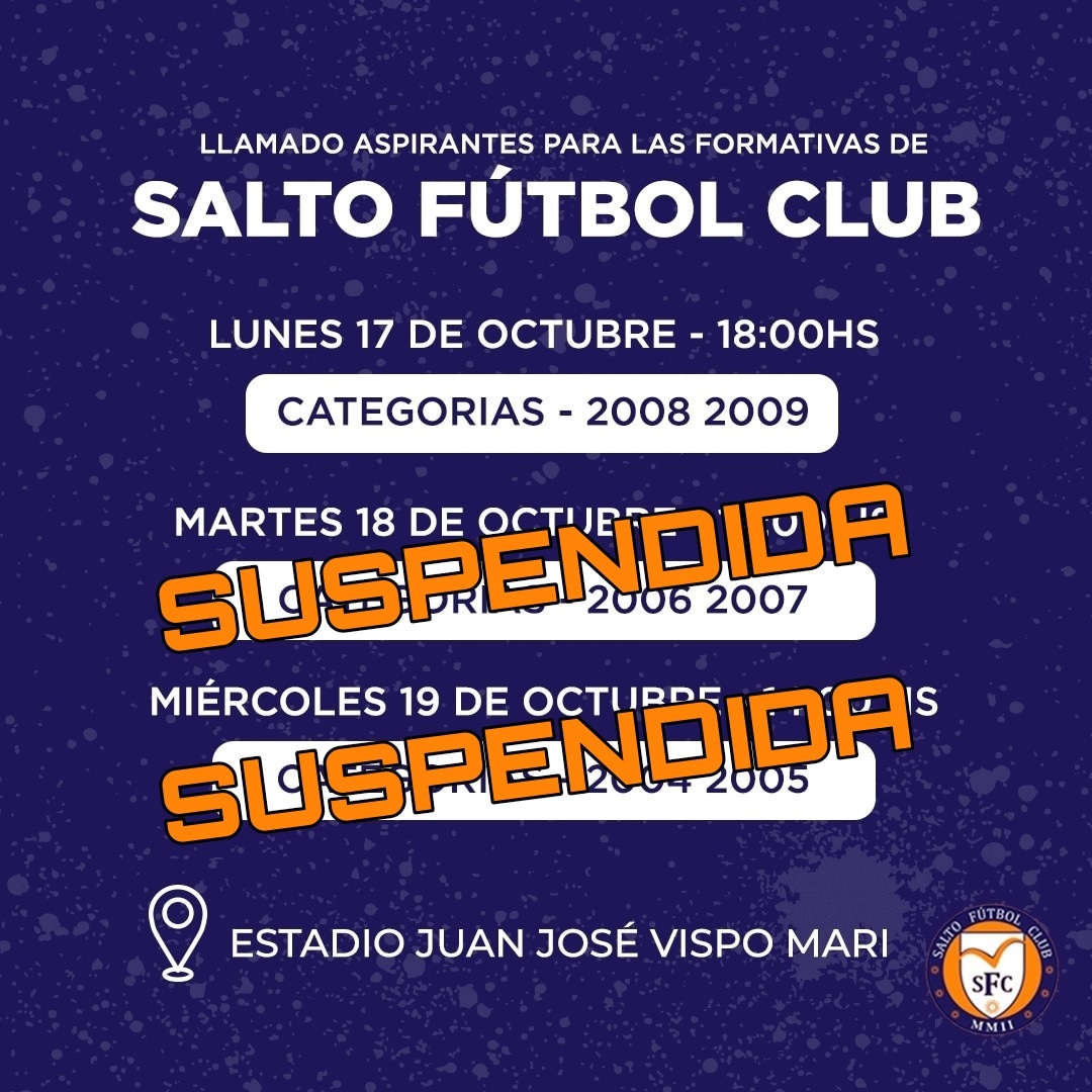 SaltoFC1's tweet photo. ⚠️𝕊𝕌𝕊ℙ𝔼ℕ𝔻𝕀𝔻𝔸⚠️

➡️ Las jornadas de Captación de mañana Martes y la del Miércoles se suspenden.

📱Estaremos anunciando cuando serán las próximas 🔜 capacitaciones de las generaciones 2004-2005 y 2006-2007.

#ElEquipoDeLosSalteños
#CanteraNaranja
Vamos Salto FC ⚽ 🍊 https://t.co/OvSH8tjDji