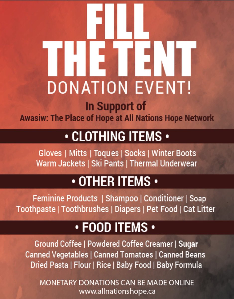 Once again we are looking for a few articles of winter clothing to help our friends <a href="/allnationshope/">All Nations Hope</a> with the incredible work they do in #yqr.  On Saturday, Nov 5th we will be collecting this list of items at the <a href="/regina_chip/">Regina Chip Repair</a> Tent at the Northgate Mall. Help us make a difference!