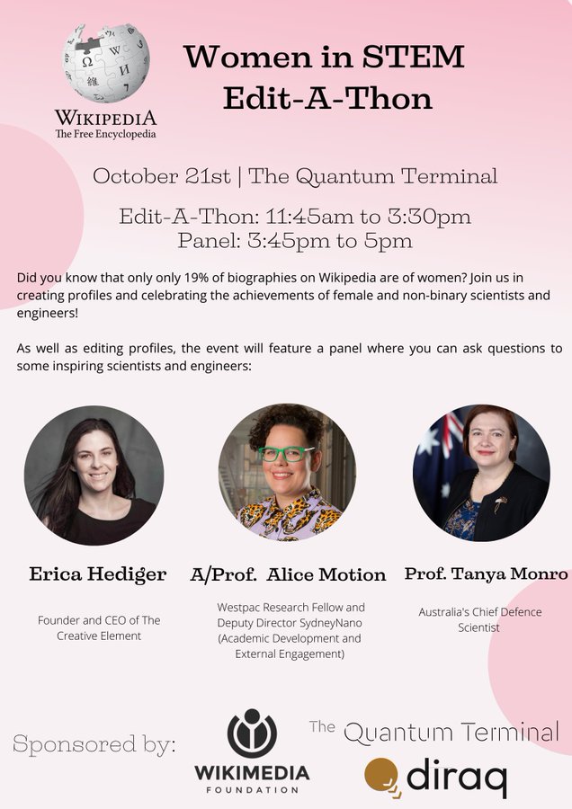 #DidYouKnow only ~19% of @Wikipedia biographies are of women? ♀️ This Friday 21 Oct, join a #WomeninSTEM Edit-a-Thon and panel with @all_isee (@SydneyNano), @tanyamonro (Aus Chief Defence Scientist @CDS_Australia) and Erica Hediger (Creative Element). 🎉 eventbrite.com.au/e/women-in-ste…