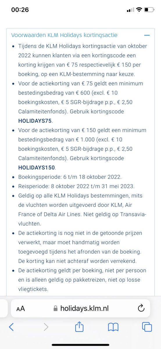 Maris36's tweet photo. @KLM Hi team KLM kunnen jullie mij helpen vwb de oktober actie. Ik wil nu net boeken maar krijg een error bij het invullen van de kortingscode. In de voorwaarden van de actie op de klm website staat aangegeven dat je kunt boeken t/m 18 oktober. Hoor graag de oplossing. Groetjes https://t.co/ggxfqDuYDh