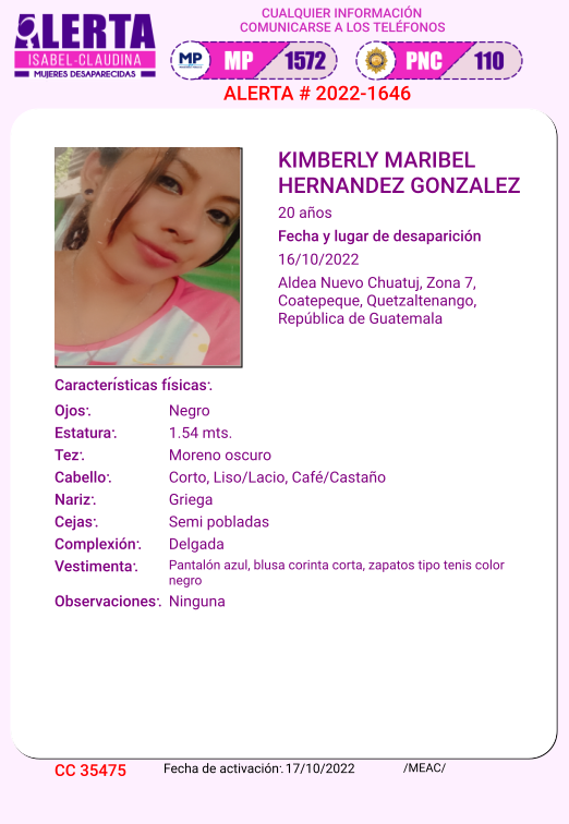isabel_claudina's tweet photo. #AlertaIsabelClaudina
🚨 Ayúdenos a encontrar a
KIMBERLY MARIBEL HERNANDEZ GONZALEZ 
Desapareció 16 de Octubre de 2022
Cualquier información comunicarse al teléfono 📞 1572
Gracias por difundir esta información❗ https://t.co/ZVlRKMnb6W