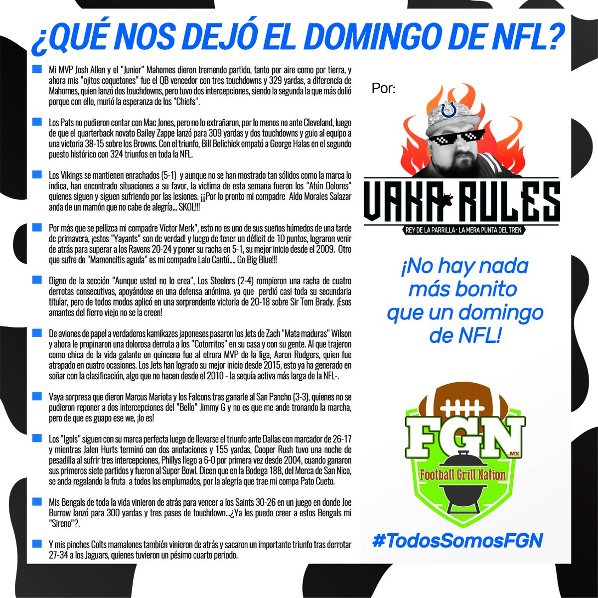 VakaRules04's tweet photo. ¿Qué nos dejó el domingo de #NFL?

#VakaRules 😎🏈

#FGN #FootballGrillNation #TodosSomosFGN https://t.co/MgY06g2iOn