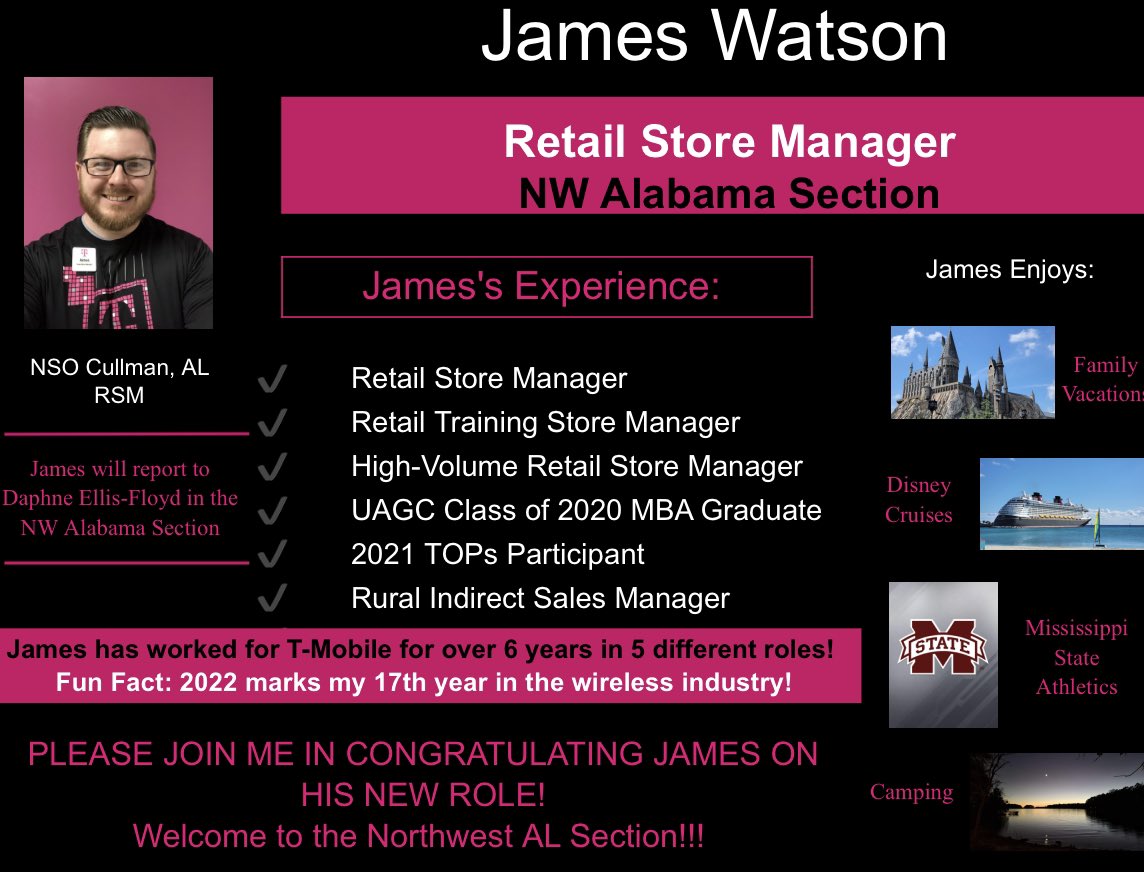 I am proud to introduce the newest members of the NW Alabama RSM team! Please congratulate James Watson, RSM of the new store opening in Cullman, AL!