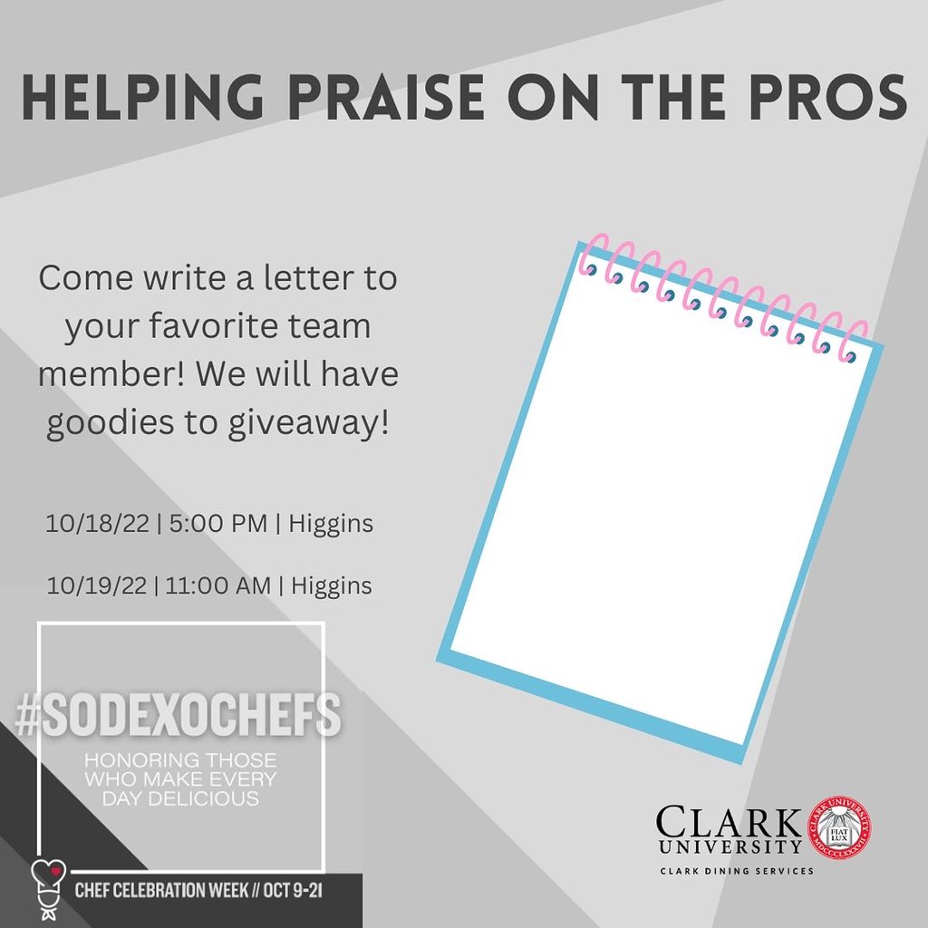 ClarkDining's tweet photo. Let’s honor our chefs on campus who makes everyday food not only delicious but also homely!
Hoping to see you’ll on 18th, 19th & 20th of October at the Dining Hall!
#chefweek https://t.co/vJLps7O6bm