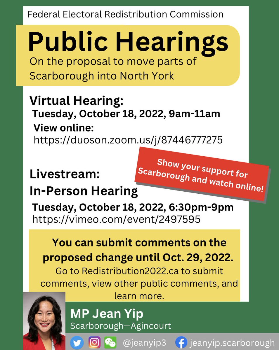 JeanYip3's tweet photo. Parts of #Scarborough are proposed to be North York.
Watch the virtual meeting 9-11am
https://t.co/NznKvxAf9b 
In-person livestream 6:30-9pm
https://t.co/NKcu0dIVJG
If you’re speaking, don't forget🤞150 Borough Dr, Scarborough. Good luck! #ScarboroughStrong #Scarborough6Toronto25 https://t.co/7Llgaeb5mM