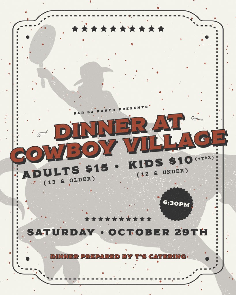 barszranch's tweet image. We invite you to finish off an exciting "Day at the Bar SZ" by joining the Borlands and the Bar SZ Ranch team for dinner in our Cowboy Village event space.

Please purchase your meal ticket through the link: eventbrite.com/e/dinner-at-co…