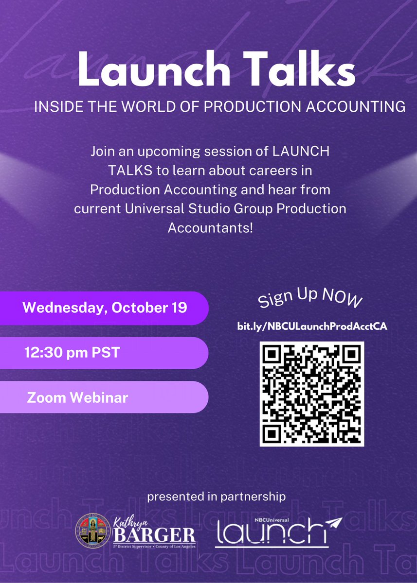 Are you interested in working behind the scenes on movies and TV shows? @NBCULaunch is hosting an informational session about the World of Production Accounting on October 19th for LA County Residents. Learn more and sign up here: (bit.ly/NBCULaunchProd…)