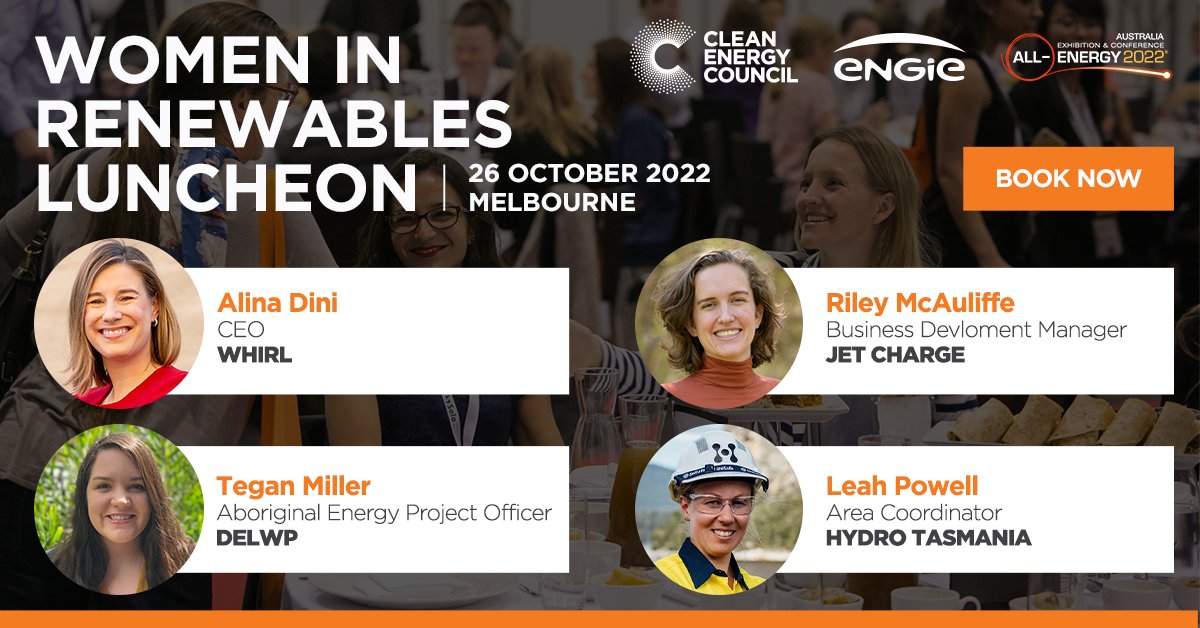 Don't miss the #WomenInRenewables Luncheon @AllEnergyAU <a href="/ENGIEgroup/">ENGIE</a>. Join Alini Dini from Whirl, Riley McAuliffe, <a href="/jetcharge/">JET Charge</a> Tegan Miller, DEWLP and Leah Powell, <a href="/HydroTasmania/">Hydro Tasmania</a> discussing the necessity of innovation in the clean energy transition. ow.ly/LrZl50Lbma3