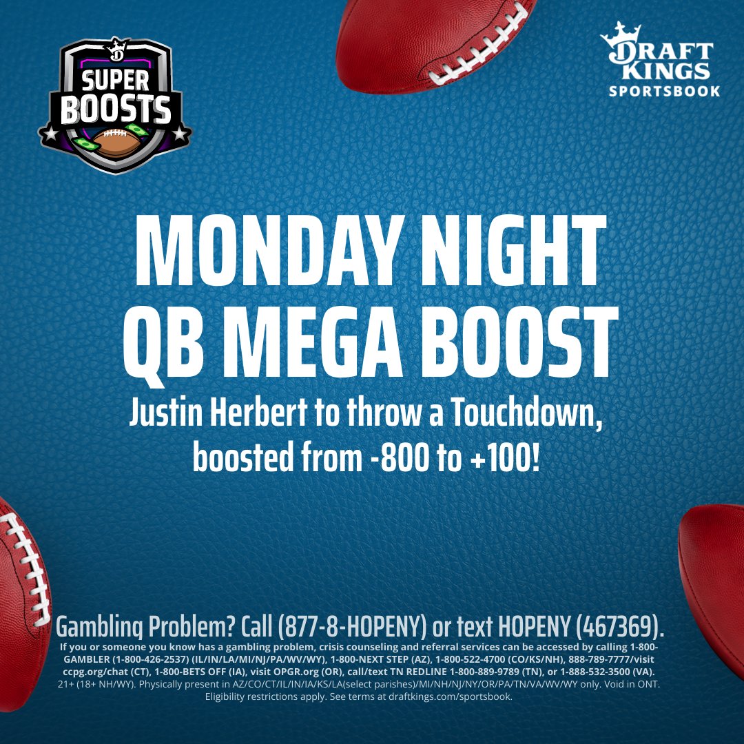 DKSports's tweet photo. Need a Monday Night pick me up? 

We've boosted Justin Herbert to throw a TD from -800 to +100 🤑

Bet it here: https://t.co/FdGNk6bUVu https://t.co/JH7iUiOxPK