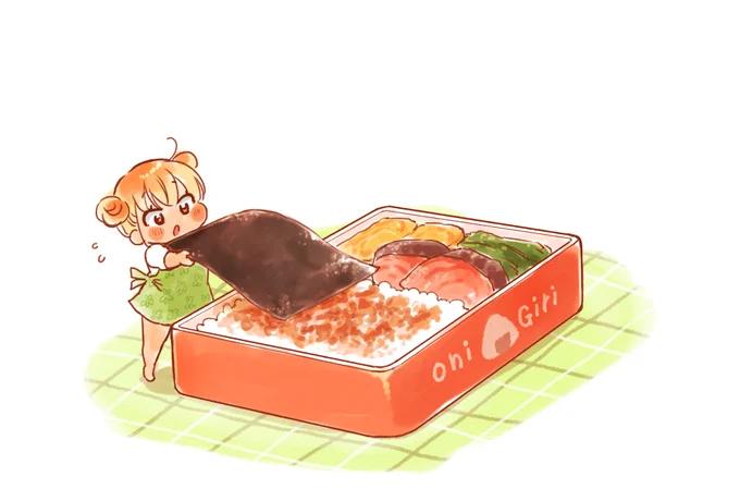 お弁当とチビギャル中村さん。 海苔の下はオカカ弁当～