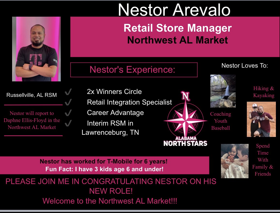 Congratulations to @TmoNestor - RSM of our new T-Mobile store opening in Russellville, AL later this year!