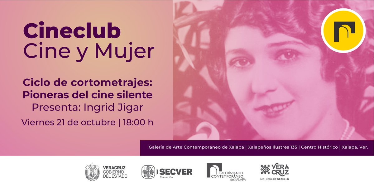 GACXalapa's tweet photo. El #ViernesDeCine Ingrid Jigar de @CineMujer nos dará un recorrido por la otra cara del cine silente, un cara en la que las directoras destacan por su originalidad y profundidad de sus temáticas.
No te pierdas este cineclub y participa, la cita es la 18 horas del 21 de octubre. https://t.co/TQQNOb7Wdy