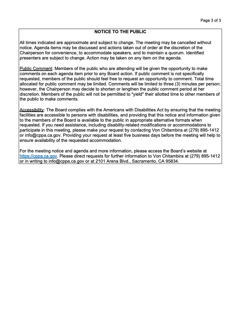 The California Privacy Protection Agency Board ("Board") will be holding a public meeting on Oct 28 and Oct 29, 2022. 

Information on how to attend the meeting and the meeting agenda can be found on our website at cppa.ca.gov/meetings/.