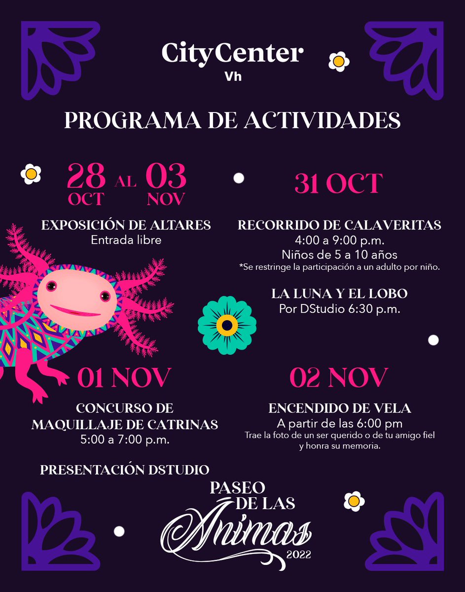 PCityCenterVh's tweet photo. Conoce nuestro 𝐩𝐫𝐨𝐠𝐫𝐚𝐦𝐚 𝐝𝐞 𝐚𝐜𝐭𝐢𝐯𝐢𝐝𝐚𝐝𝐞𝐬 en #PaseoDeLasAnimas2022 🟣
Este 27 de octubre al 03 de noviembre vivamos nuestras tradiciones. 🕯️

¡No te lo puedes perder! Te esperamos 🤩

#PlazaCityCenterVh⭕#TuPuntoDeEncuentro ⚫🔴  #Tabasco #Villahermosa https://t.co/20JQOxuiHz