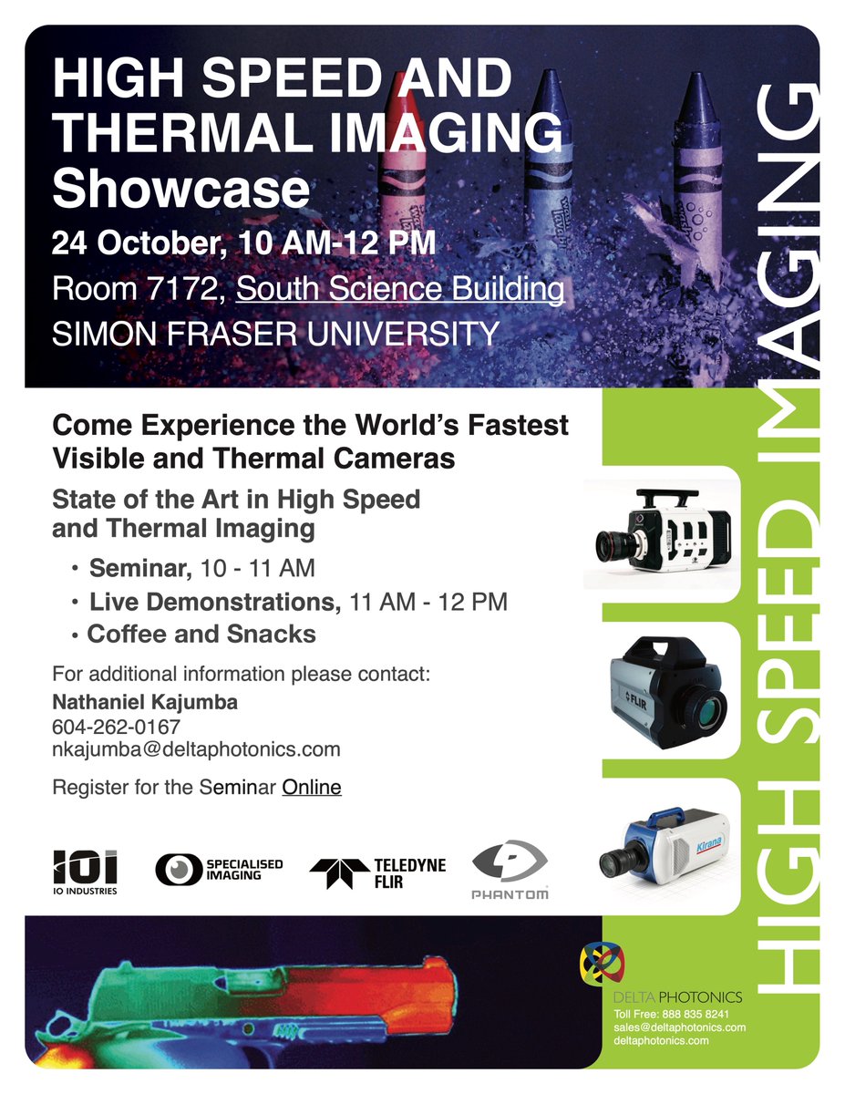 NathanielDeltaP's tweet photo. Come experience the world's fastest visible and thermal cameras at SFU, 10 am - 12 pm, Monday, 24 October. Register: https://t.co/MRmviL7g6b 
@SFU @FAS_SFU @SFU_Science @SFUResearch @SFUPhysics 
@deltaphotonics @flir @phantomhispeed @IOINDUSTRIES @SpecialisedIma1 https://t.co/MPIpudqIy9