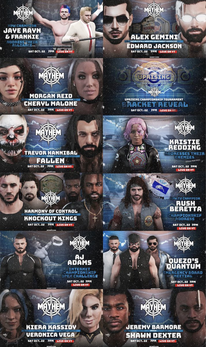 HPW2K's tweet photo. SATURDAY @ 7:00 PM CST

HPW Presents a new STACKED episode of Mayhem! 
———————————————
Here is the full match card in photo form: https://t.co/WysrLIwNf4