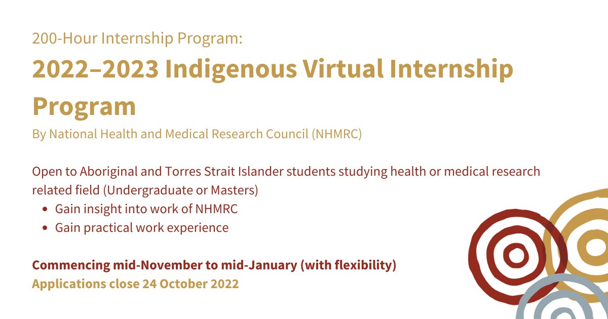 This paid virtual internship opportunity by <a href="/nhmrc/">NHMRC</a> is open to Aboriginal &amp; Torres Strait Islander students currently in an undergraduate or masters degree in health or medical research related field.
Applications close soon: 🔗 bit.ly/3yxcIgE