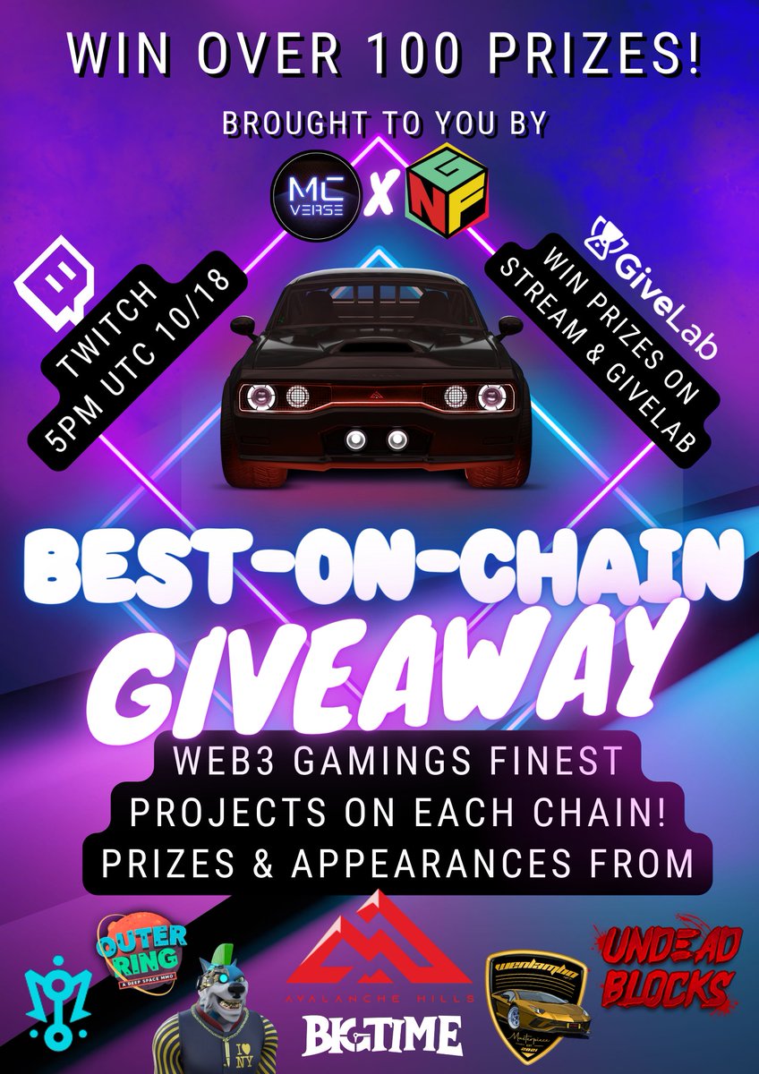 Make sure to join this giveaway and watch @ 10/18 5PM UTC 

100 prizes, 7 Chains, All AAA.

<a href="/playbigtime/">Big Time</a> - #ETH
<a href="/UndeadBlocks/">Undead Blocks</a> - #IMX 
<a href="/TheMCVerse/">MCVerse</a> - #AVAX
<a href="/MilliononMars/">Million on Mars®</a> - #WAX 
<a href="/HHMC2021/">HHMC</a> - #ADA
<a href="/OuterRingMMO/">Outer Ring MMO 🪐</a> - #BNB 

twitch.tv/nonfungiblegang

giv.gg/100prizes7chai…
