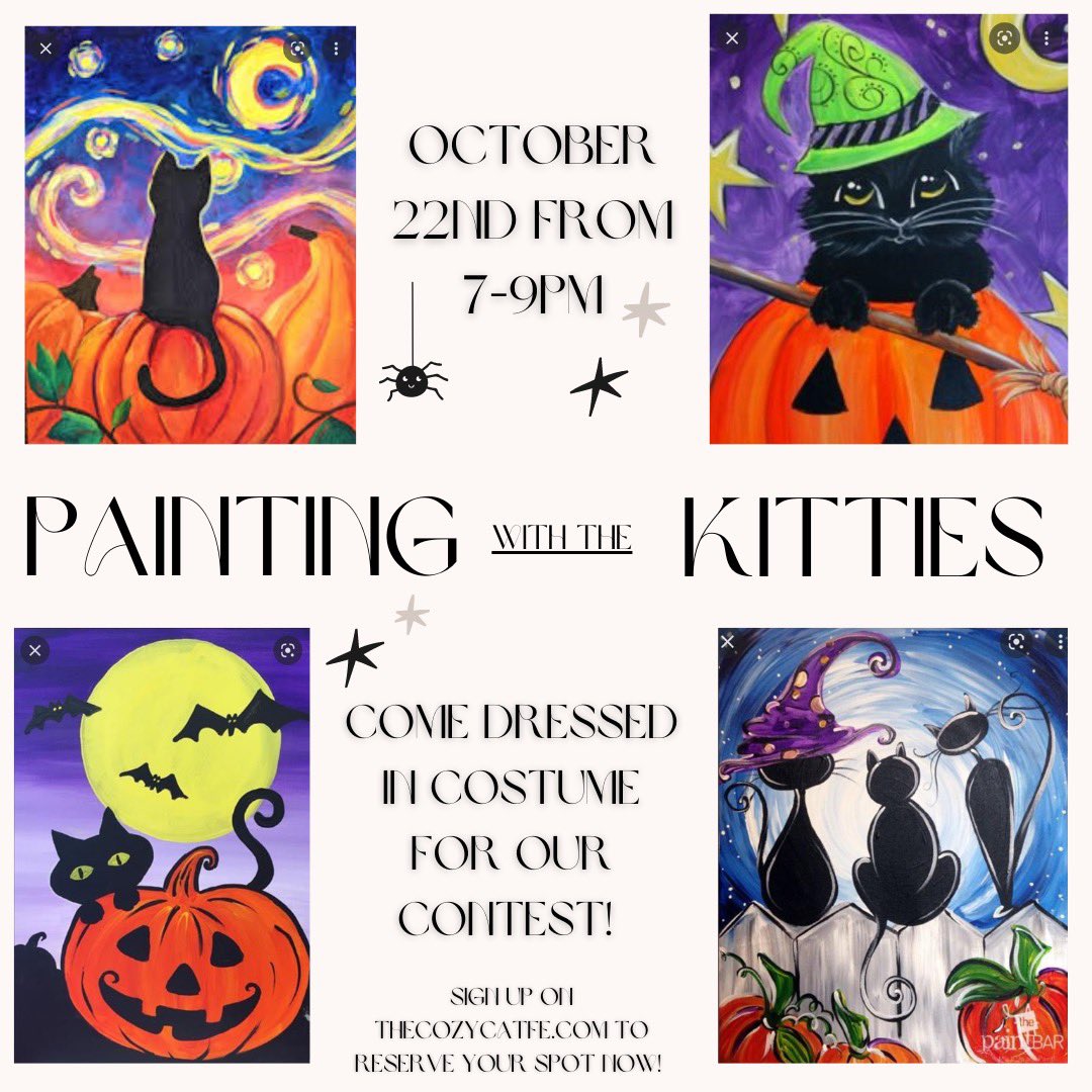 thecozycatfe's tweet photo. Let’s get the Halloween festivities started early!!!!

Join us! Limited spots available!!!

***We have Kitties!!!

Sign up at https://t.co/5XnNll5NtC limited spots Available!!! https://t.co/h4EhNRaBjp