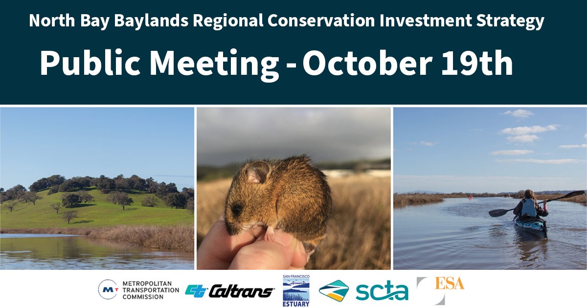 esassoc's tweet photo. Attention N. California residents! ESA will be co-hosting a meeting on the #NorthBay #Baylands Regional Conservation Investment Strategy (#RCIS) this Wed. 10/19 from 5:30-6:30 PM. We'll discuss the voluntary planning tool to guide conservation investment https://t.co/fAOk1PaCaz https://t.co/bvXNNitDKL