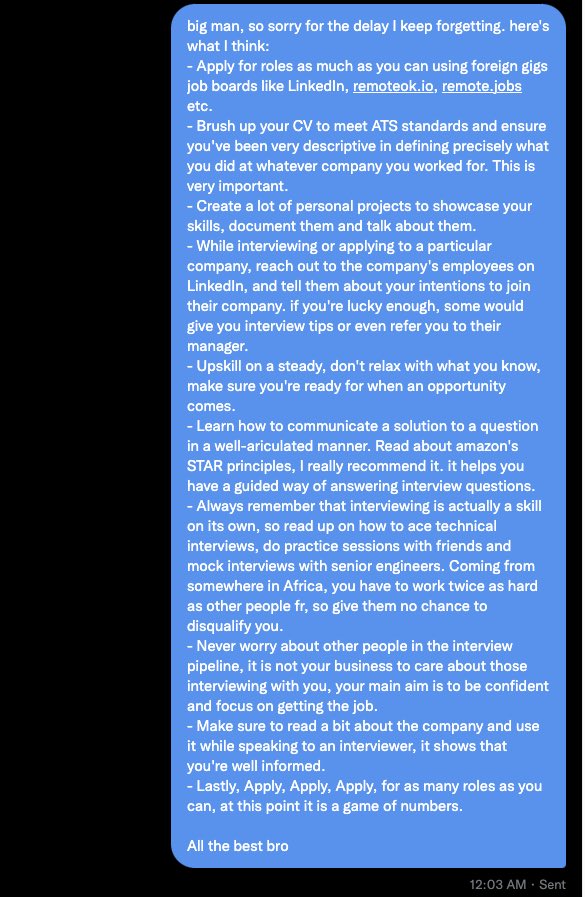 coder_blvck's tweet image. Someone reached out with a question on how they can get remote gigs, I shared my two cents in the second frame. My response can apply to everybody tbh, just pick what resonates with you.