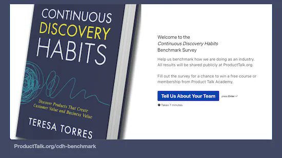 ttorres's tweet photo. Are you curious to know how many teams actually do continuous discovery?
We launched the CDH Benchmark Survey to find out.
Help us out. Tell us about your team: https://t.co/yDXAmIo55V
#CDHBenchmark #prodmgmt #ux #engineering https://t.co/jfYIQZNmbn