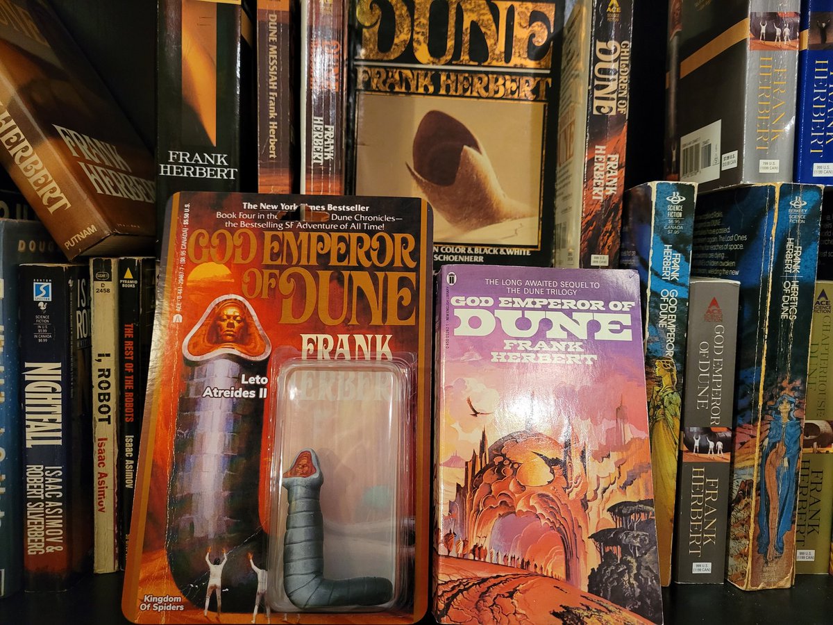 I love my messy overflow book shelf all that #dune goodness!  That #godemporerletoII tho👀🔥🤘#frankherbert #customfigures