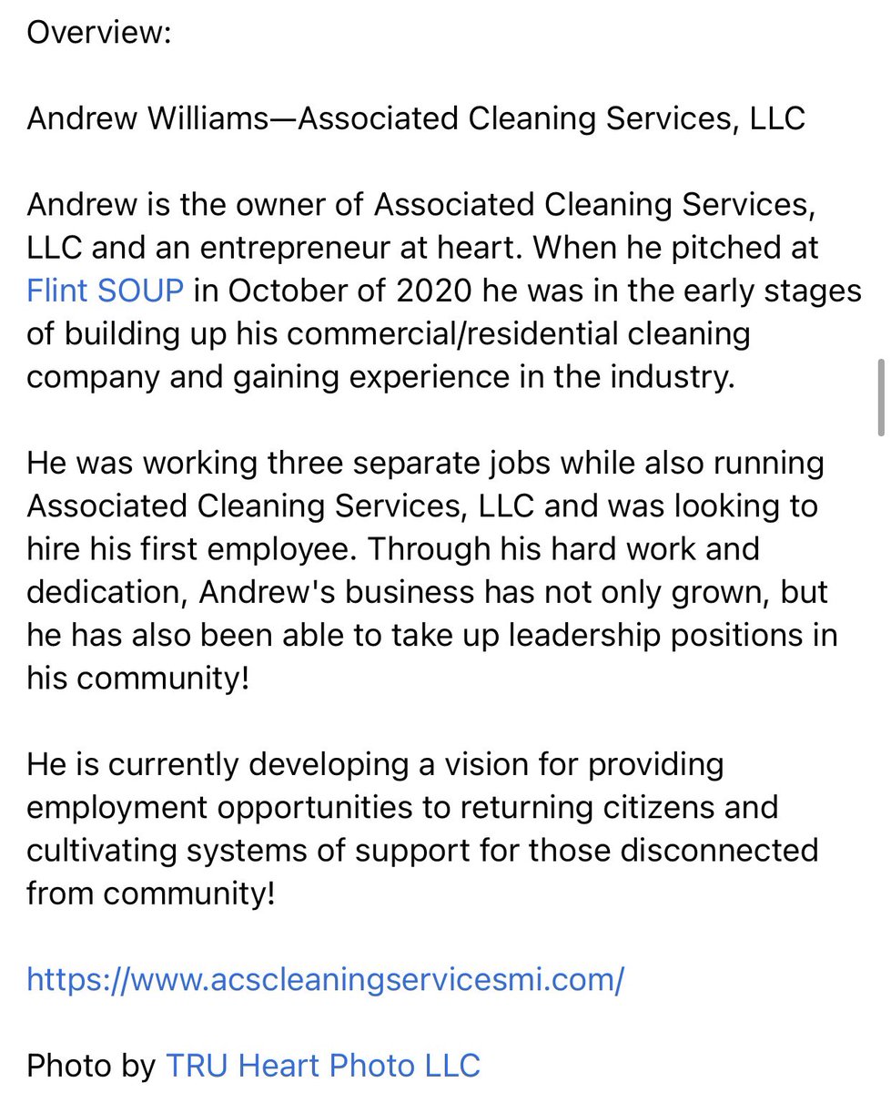 EVENT: Flint SOUP Alumni Presenter #3~ RSVP to support Andrew Williams, Owner of Associated Cleaning Services LLC on October 18th at First Presbyterian Church of Flint! Doors open at 5:15pm. $5 (cash) at the door fb.me/e/271IJ3z3j