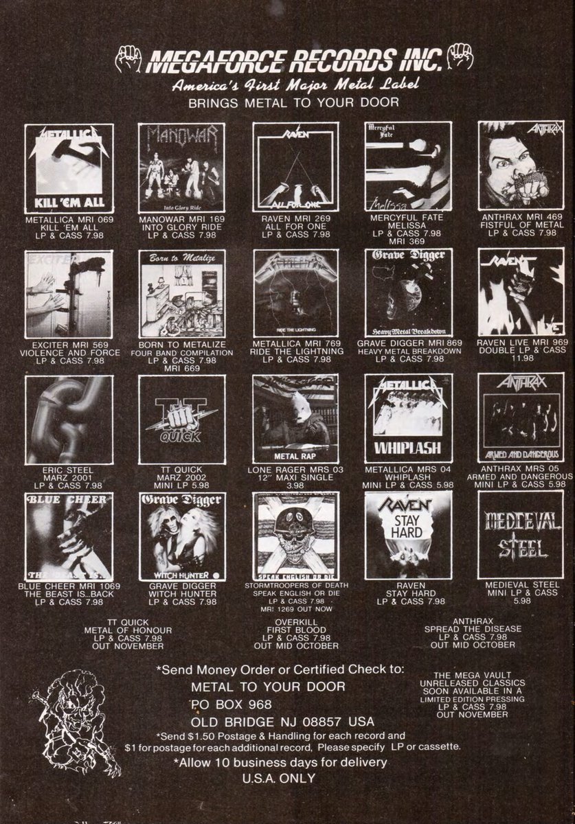 METALSHOPROCKS's tweet photo. October 1985: Megaforce "Metal To Your Door" ad in the UK's Kerrang! magazine. Take my money please! https://t.co/cYq08C8Im6 #Megaforce #MegaforceRecords #80sMetal #Metallica #Manowar #RavenBand #MercyfulFate #AnthraxBand #80sMetal #ThrashMetal #MetalRadio #MetalShopRocks https://t.co/ppXVn95bbs