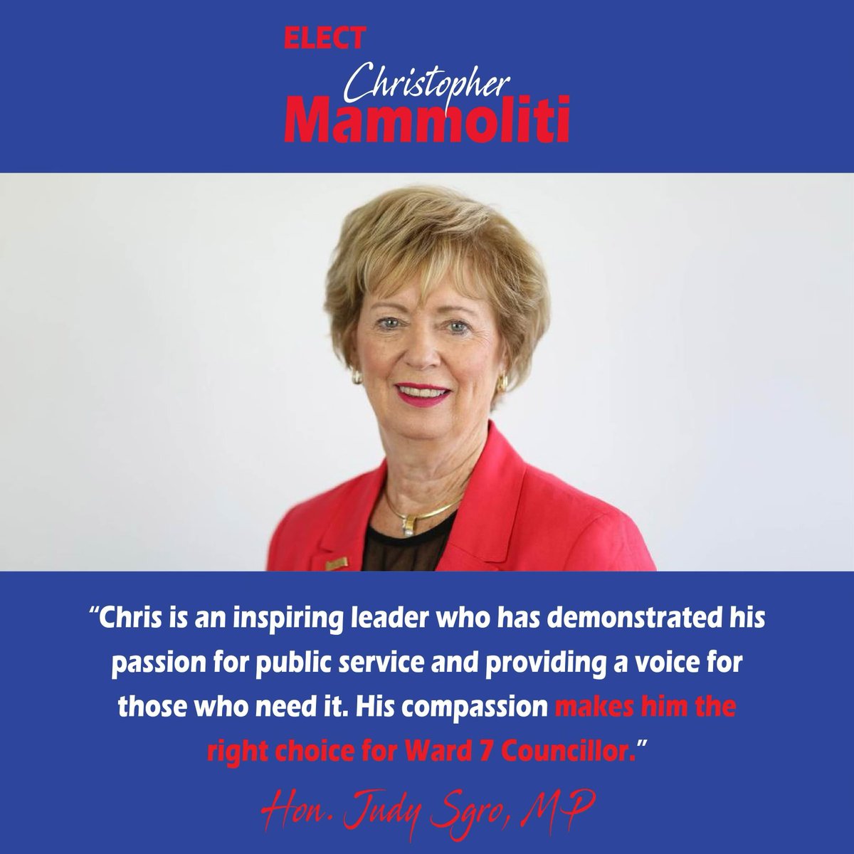 ChrisMammoTO's tweet photo. It is an honour to have the Hon. @JudySgroMP endorse my candidacy. I will bring collaborative leadership to our community, working with all levels of government. #HRBC deserves good leadership that will listen to your concerns and take action! 

 #votemammoliti #mammolitiforward7 https://t.co/qhfzBYiK7M