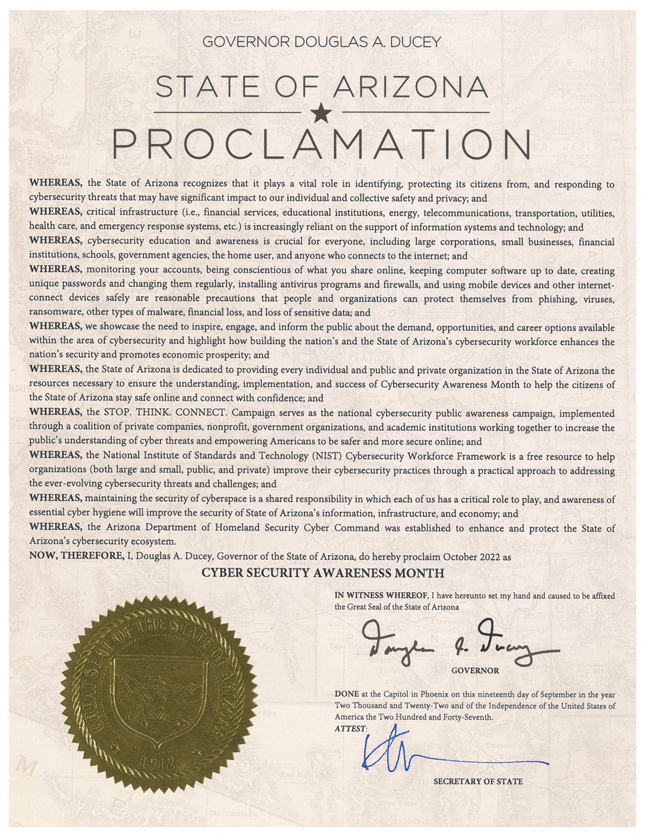 Cybersecurity is homeland security. This #CybersecurityAwarenessMonth, we’re recognizing how the state, under Gov. <a href="/DougDucey/">Doug Ducey</a>'s leadership, has fortified security online for all Arizonans.

Here’s how 👇🧵