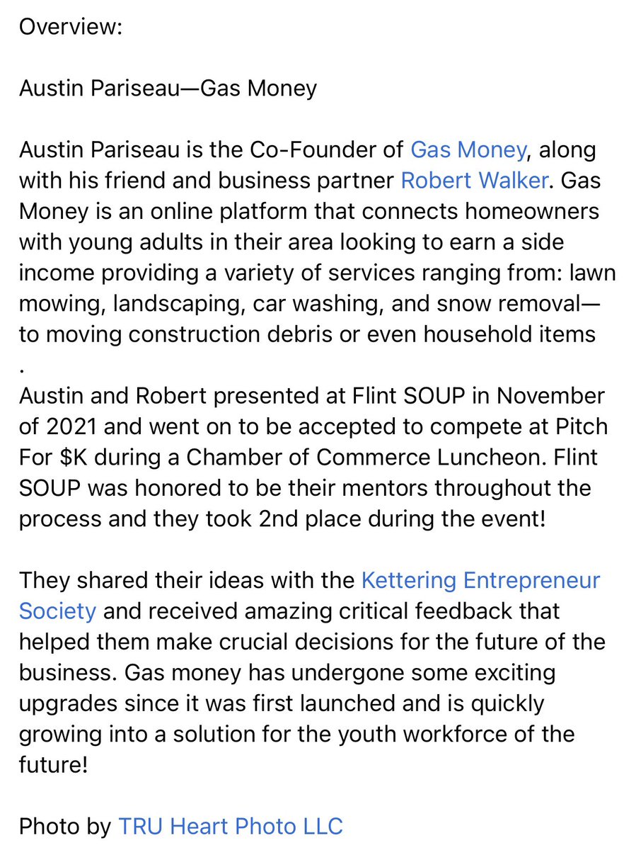 EVENT: Flint SOUP Alumni Presenter #5~ RSVP to support Austin Pariseau, Co-Owner of Gas Money LLC on October 18th at First Presbyterian Church of Flint! Doors open at 5:15pm. $5 (cash) at the door fb.me/e/271IJ3z3j