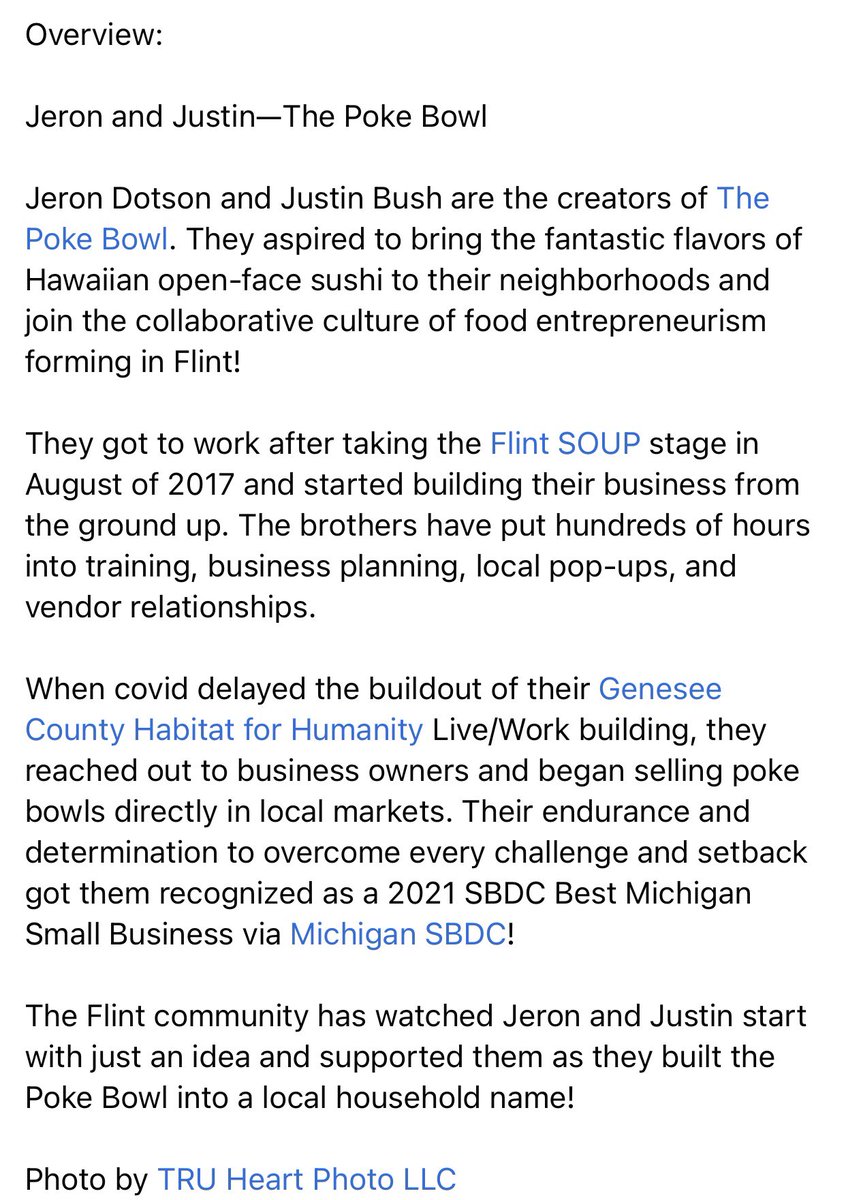 EVENT: Flint SOUP Alumni Presenter #4~ RSVP to support Jeron Dotson and Justin Bush, Co-Owners of The Poke Bowl LLC on October 18th at First Presbyterian Church of Flint! Doors open at 5:15pm. $5 (cash) at the door fb.me/e/271IJ3z3j
