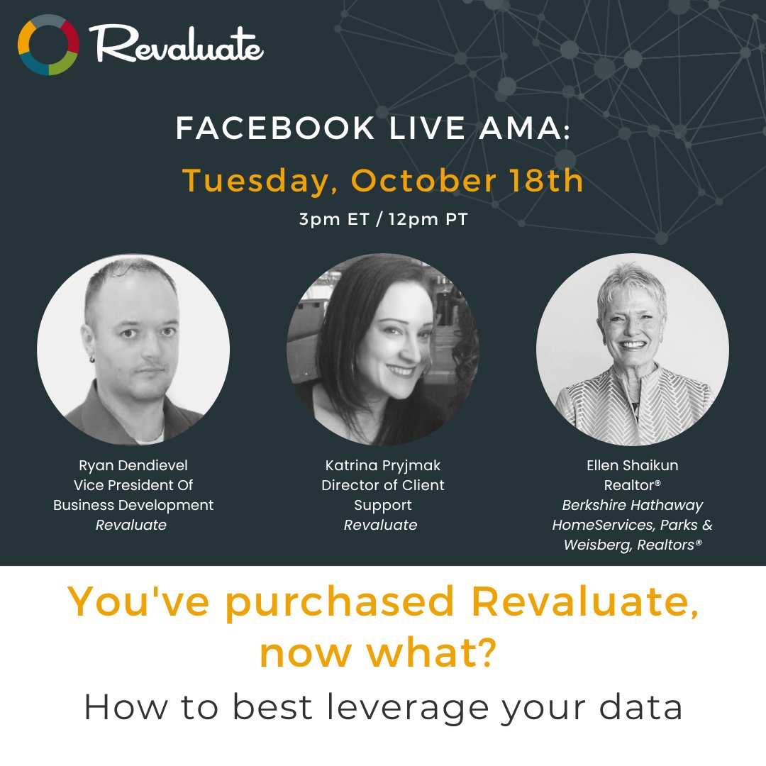 New to Revaluate, or curious to hear about how it works to leverage your current #database and identify likely movers? Join us tomorrow, October 18th at 3pm ET/12pm PT on our Facebook for a live #AMA. fb.me/e/1YltTN7ME #realestatetech #realestatedata #data #housingdata