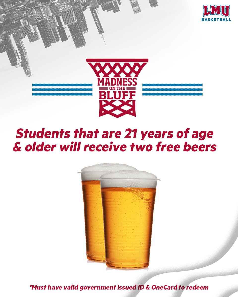lmulions's tweet photo. Hey LMU Students! Want free beer at Madness on the Bluff? 

Join us Thursday &amp; we've got you covered. Doors open at 7 PM. 

*𝘔𝘶𝘴𝘵 𝘣𝘦 𝘢 𝘤𝘶𝘳𝘳𝘦𝘯𝘵 𝘴𝘵𝘶𝘥𝘦𝘯𝘵 &amp; 21 𝘰𝘳 𝘰𝘭𝘥𝘦𝘳 𝘵𝘰 𝘳𝘦𝘥𝘦𝘦𝘮. 𝘝𝘢𝘭𝘪𝘥 𝘐𝘋 𝘳𝘦𝘲𝘶𝘪𝘳𝘦𝘥.

🔖: https://t.co/NfRZP8ensk https://t.co/HM4IXZ5o2r