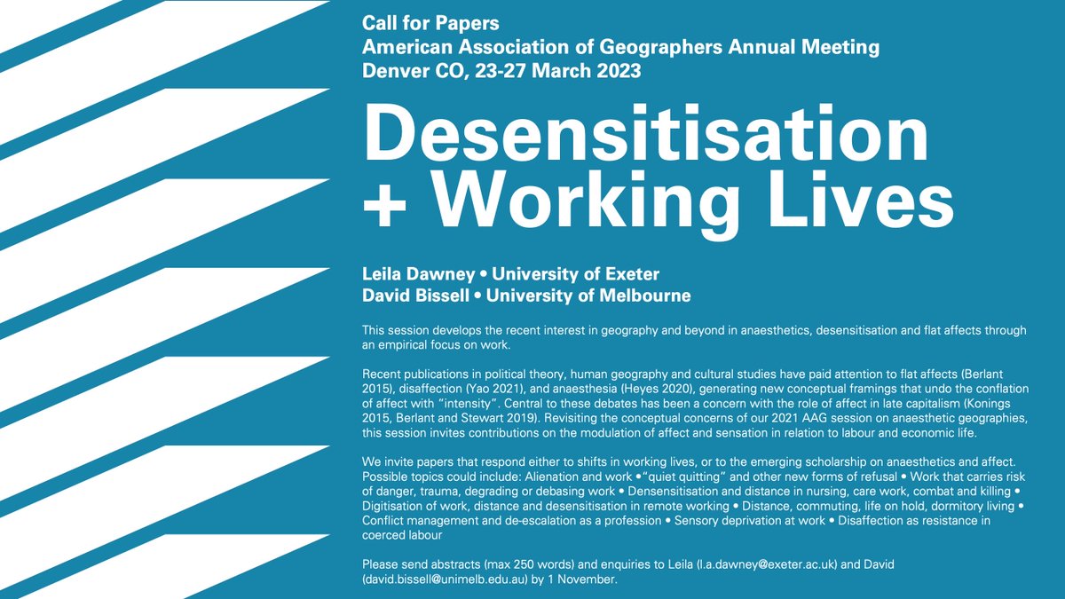 If you’re researching working lives and affect @DawneyLeila and I are organising a session at @theAAG 2023 on anaesthetics, desensitisation and flat affects. We’d love to hear from you if you’re keen to present! #AAG2023