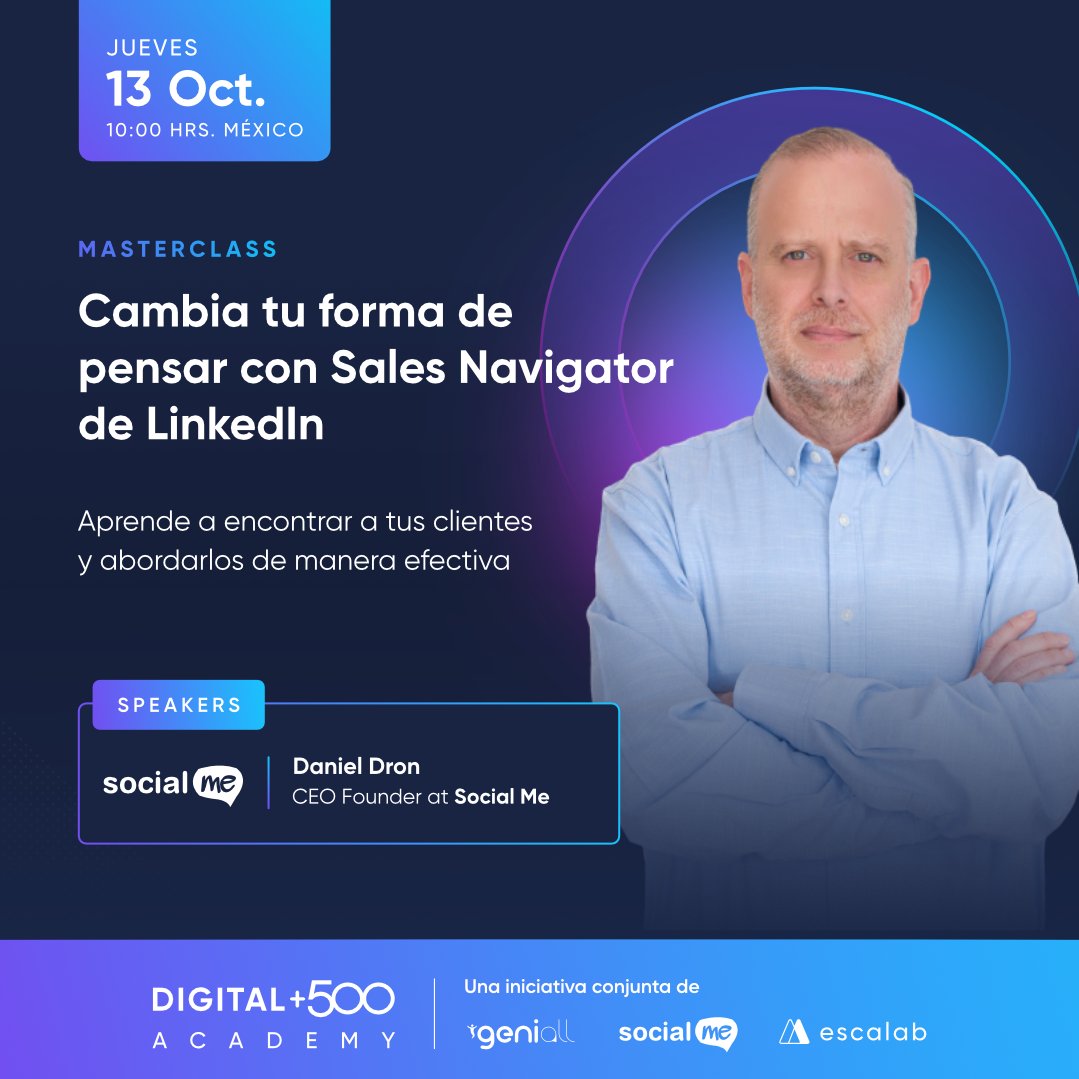 socialmelatam's tweet photo. El Jueves 13 de Octubre tuvimos nuestra MasterClass
Cambia tu forma de pensar con Sales Navigator de LinkedIn.

¡Revive el video! 👇

https://t.co/gzOo44tDhL

Este evento es parte del programa Digital +500 que realizamos Social Me Academy, Escalab y Geniall Accelerator https://t.co/eOz5uBk2ps