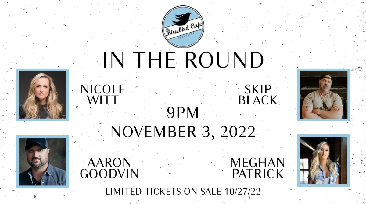 On 11/3/22 9P CT I'm part of an amazing round <a href="/BluebirdCafeTN/">The Bluebird Cafe</a> with the talented Nicole Witt, Skip Blake, &amp; <a href="/MegPatrickMusic/">Meghan Patrick</a> .
A limited number of tickets go on sale October 27, 2022, at 8AM CT! Make plans now to grab yours before they're all gone!
Tix: tinyurl.com/AG110322