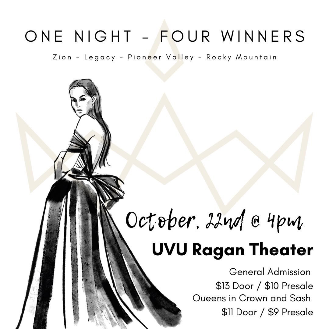 Saturday, October 22, 2022 🗓
 4PM ⏰ 
Utah Valley University’s Ragan Theater
800 West University Parkway
Orem, UT 84058 🎭 

General tickets available at the door $13. Queens with crown and sash tickets at door $12. Contact a candidate for the pre-sale ticket price. 
🎟