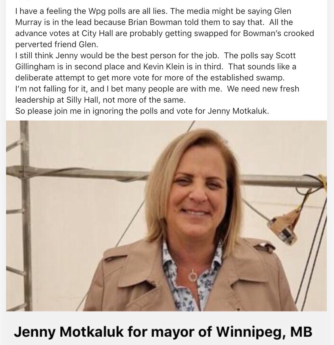 mygirlvicki's tweet photo. #Winnipeg @JennyMotkaluk would be the best person for the job. Ignore the fake polls &amp; media lies and vote for #JennyForMayor For more info go to https://t.co/SVKTKALu7T https://t.co/uJdHRl5NqS