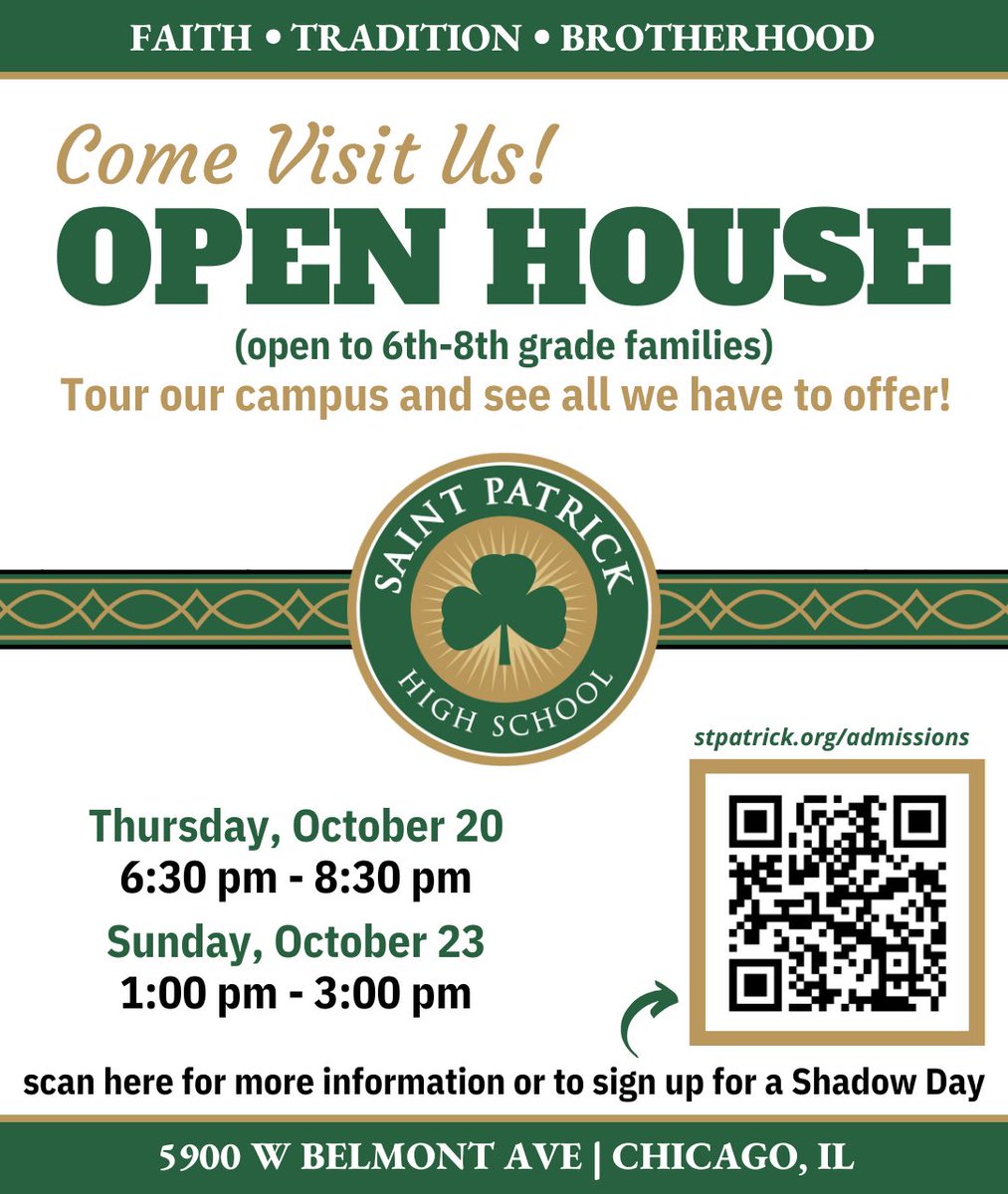 SaintPatrickHS's tweet photo. THIS WEEK! 6th-8th grade families are invited to visit Saint Patrick High School for our Open House this Thursday, October 20 from 6:30-8:30 pm or Sunday, October 23 from 1-3 pm. Learn more about the Admissions Process at https://t.co/0Soi1fNxhi! #ShamrockPride https://t.co/M6af6jqVC3