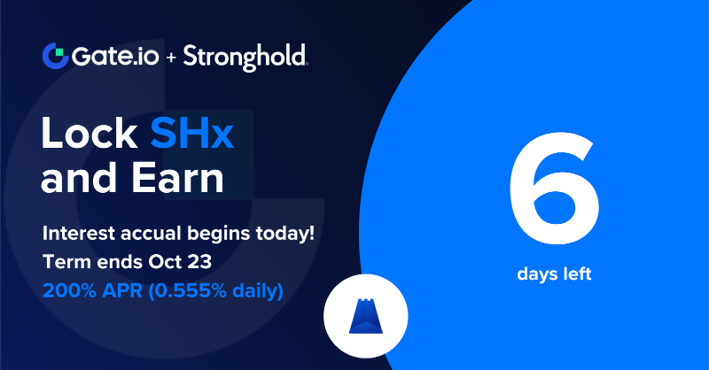 strongholdpay's tweet photo. Hey #Strongholders! It's Double Earning Monday with @GateEarn! 
 
💠 Interest accrues starting today!
💠 Ends October 23
💠 Up to 200% APR (0.555% daily)
        
Participate here: https://t.co/RAAZScf5TQ

*US-excluded
 
$SHX #Gateio #GateEarn #HODL
