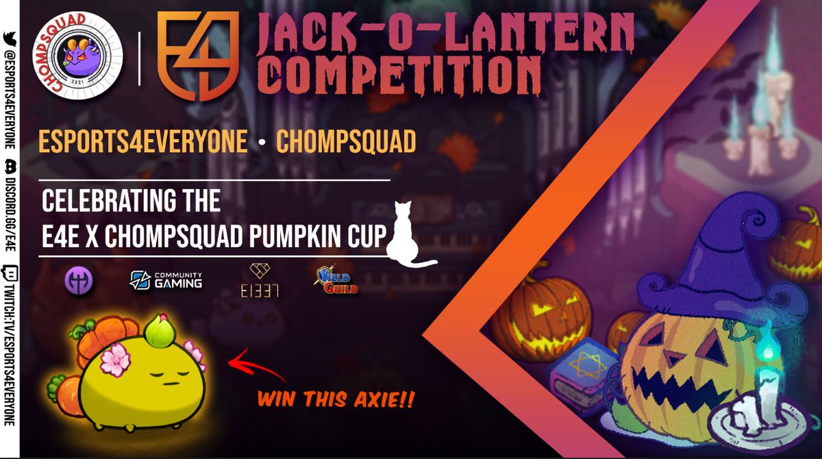 e4e_gg's tweet image. 🎃 AXIE JACK-O-LANTERN COMPETITION 🎃

To celebrate the E4E X @ChompSquadAxie PUMPKIN CUP, we are giving away a nice pumpkin axie to the best axie-themed jack-o-lantern! 😱

Post a picture of your jack-o-lantern in the comments to enter the competition, winner chosen OCT 27 🦇