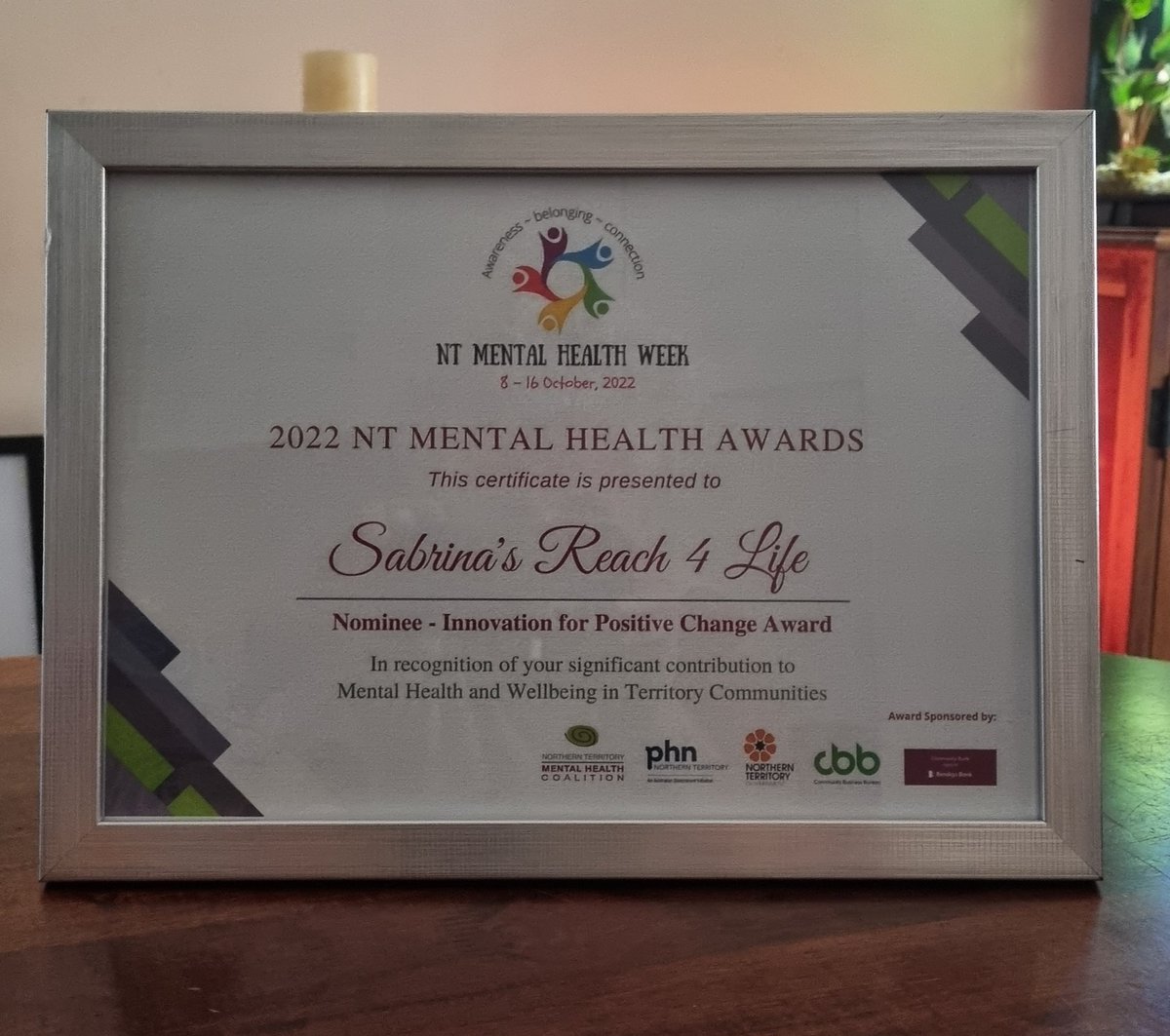 LifeReach4's tweet photo. On the 10th  of October SabrinasReach4Life was invited to the NT Mental Health Awards at Parliament House. To our surprise we were a nominee for the Innovation for Positive Change Award. Thankyou to Rebecca from https://t.co/zLtUIcmkuL for nominating us. https://t.co/asiyEqtnVJ