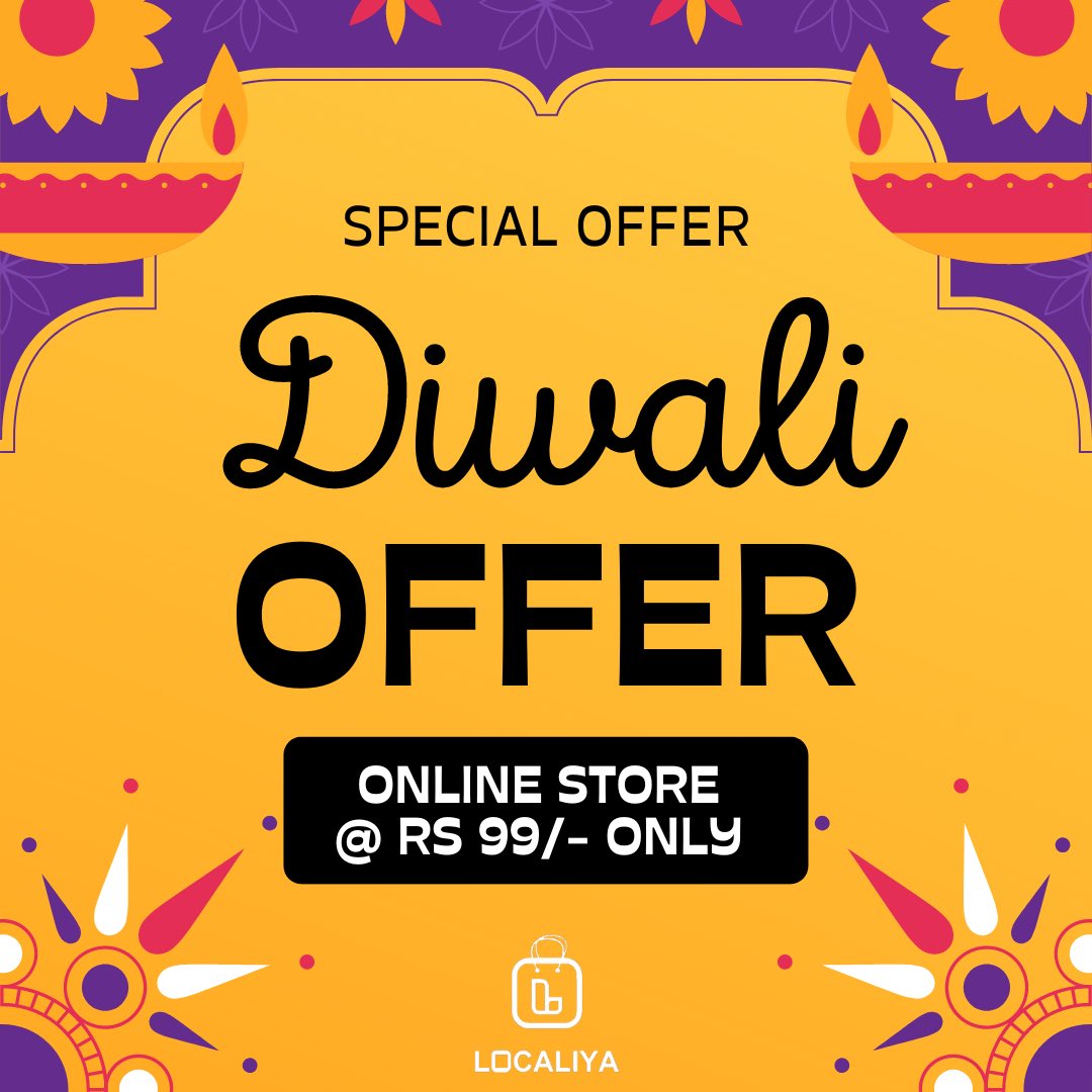 MyLocaliya's tweet photo. This Diwali go online and connect with your customers digitally. Create your online store on Localiya Digital Marketplace for just 99 Rs/year. Promote your business by giving coupons &amp; vouchers. 

#diwali #happydiwali #DigitalIndia #localiya #MyLocaliya #LocalKaVocal #startup https://t.co/zGB3o2knNS