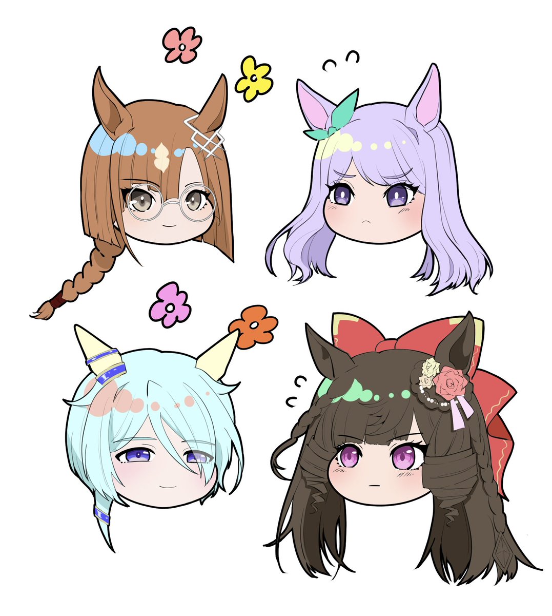 mejiro mcqueen (umamusume) multiple girls animal ears 4girls horse ears purple eyes glasses white background  illustration images