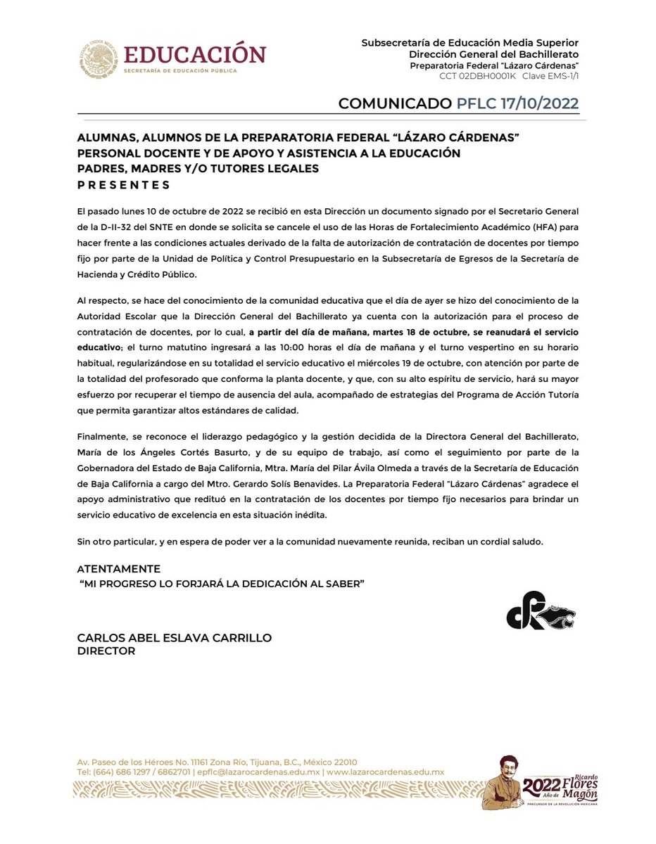 Se resuelve paro laboral en favor de los alumnos de la Prepa Lázaro Cárdenas de Tijuana <a href="/pflcjaguares/">PFLC</a> inecesaria tanta salamería de directivos e ignorar la verdadera lucha de los docentes. La gobernadora ni estuvo en BC durante el conflicto.