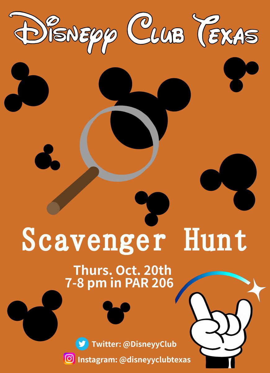 DisneyyClub's tweet photo. This week, bring your problem solving skills to make your way through our scavenger hunt!! Thursday Oct 20th from 7-8 pm in PAR 206 🕵️🧐🔎 https://t.co/xwJGQnOJYr