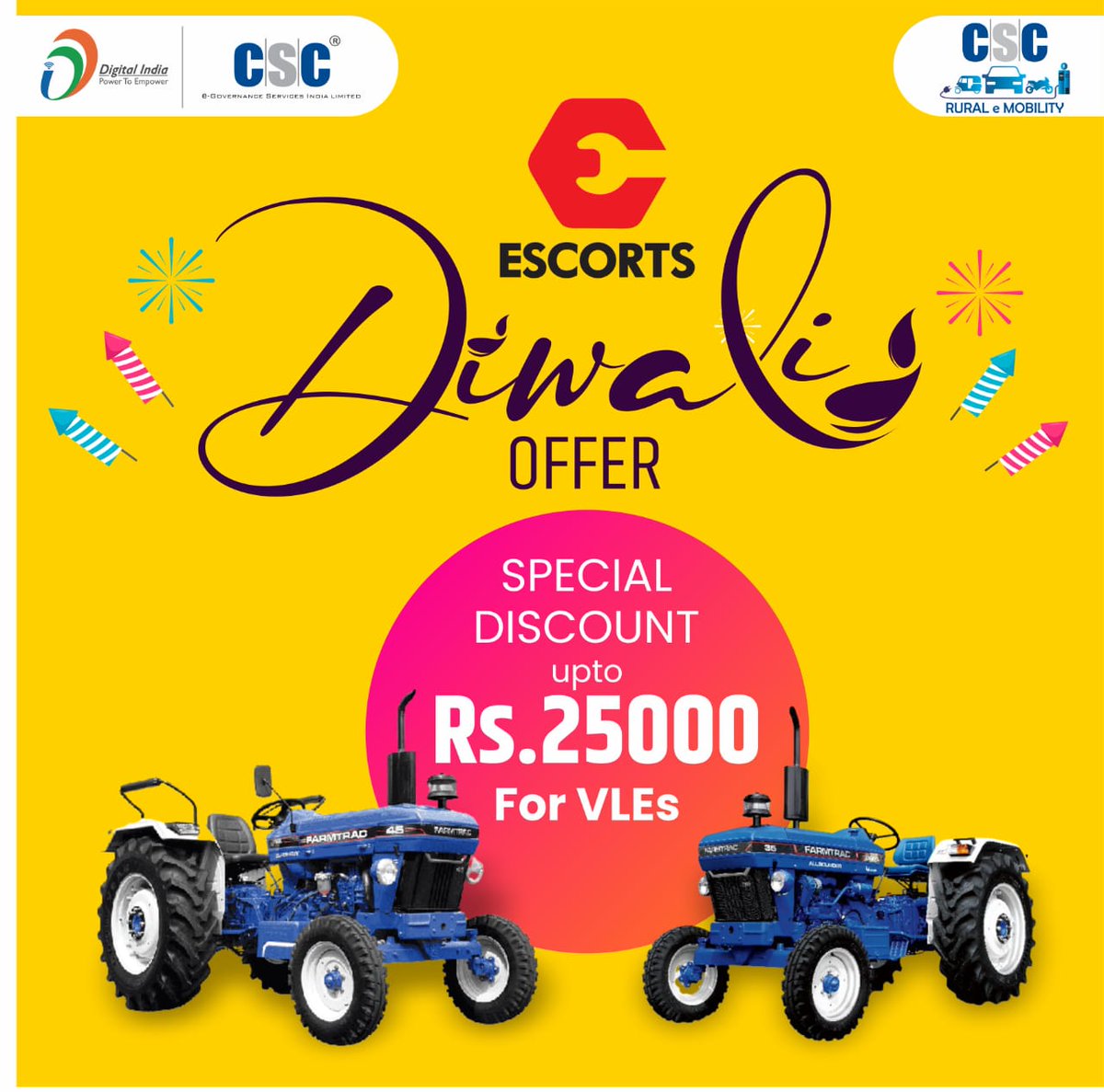 Great Diwali Festival Offers is here for our #CSCVLEs become lead generator and earn Rs. 100000/- only through #EscortsTractors generate lead on #CSCeMobility Portal today...#CSCeGov_ #ceo_csc #Diwali2022 #VLEs